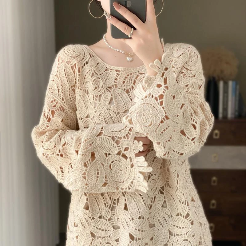 秋冬镂空钩花100%纯羊毛衫毛衣女圆领针织花边羊毛衫宽松打底上衣