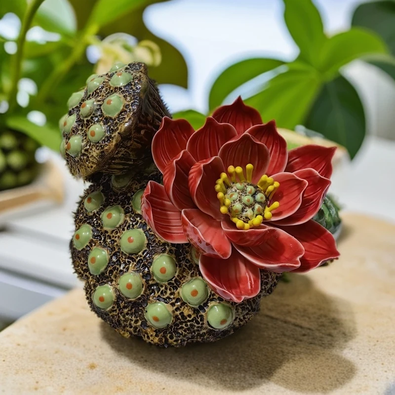 花开富贵莲花莲蓬石湾陶公仔尺寸长24高20陶瓷创意家用荷花中式