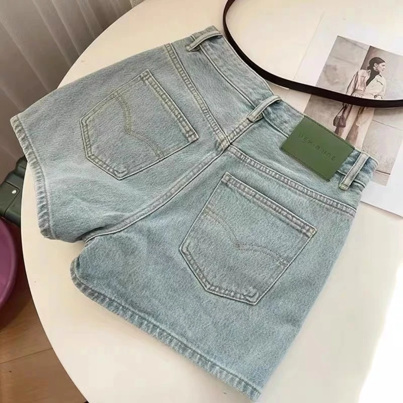 ins新款港风浅色高腰直筒牛仔裤女韩版阔腿宽松显瘦薄款A字热裤