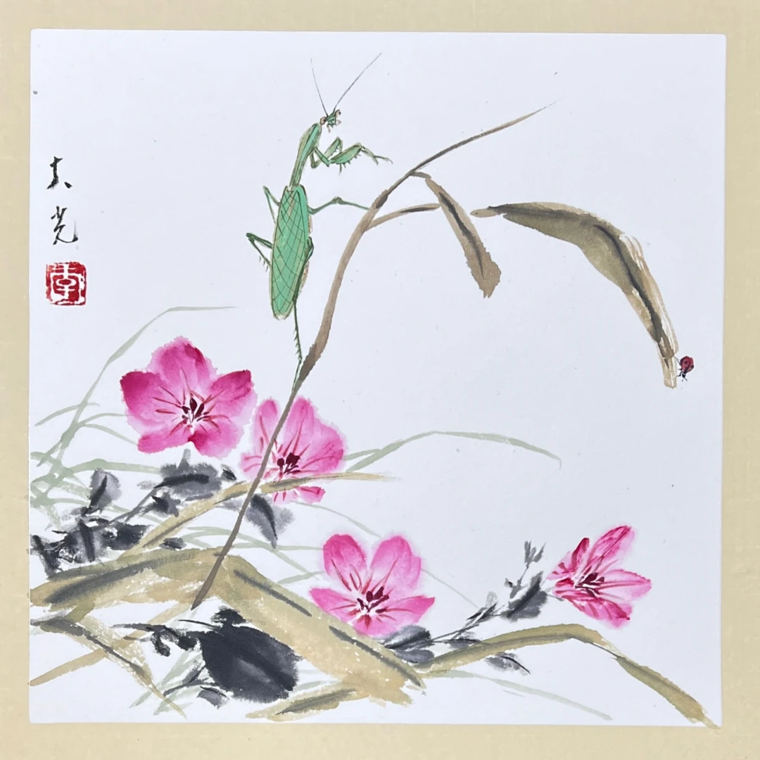 写意杜鹃螳螂作品