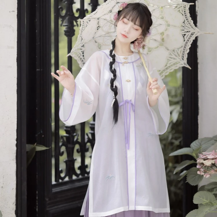 徽韵雅颂原创汉服蜓知南意圆领半袖三件套清新温柔女明制套装