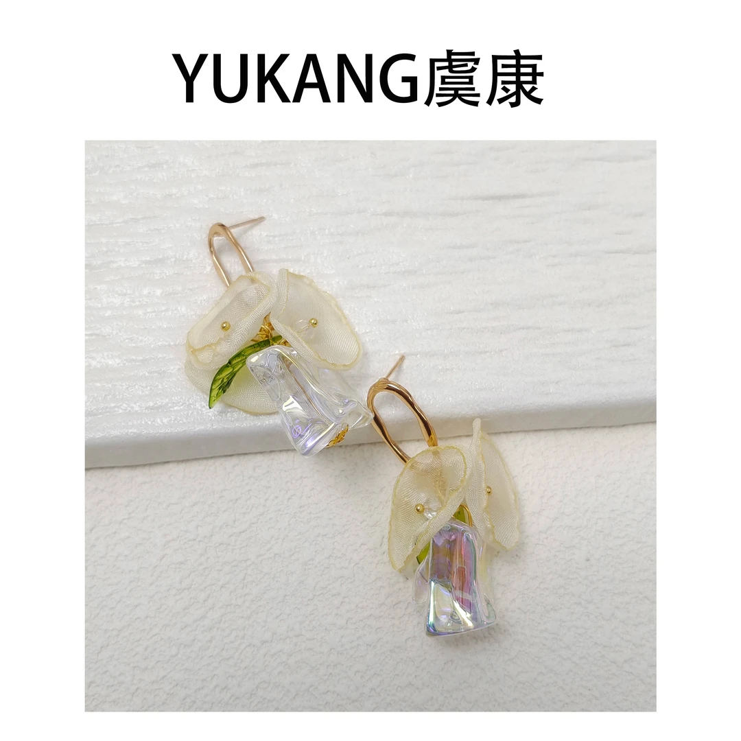 铜合金耳饰 清新夏日-925耳针镀14K轻薄柔纱花耳钉女复古温柔超仙