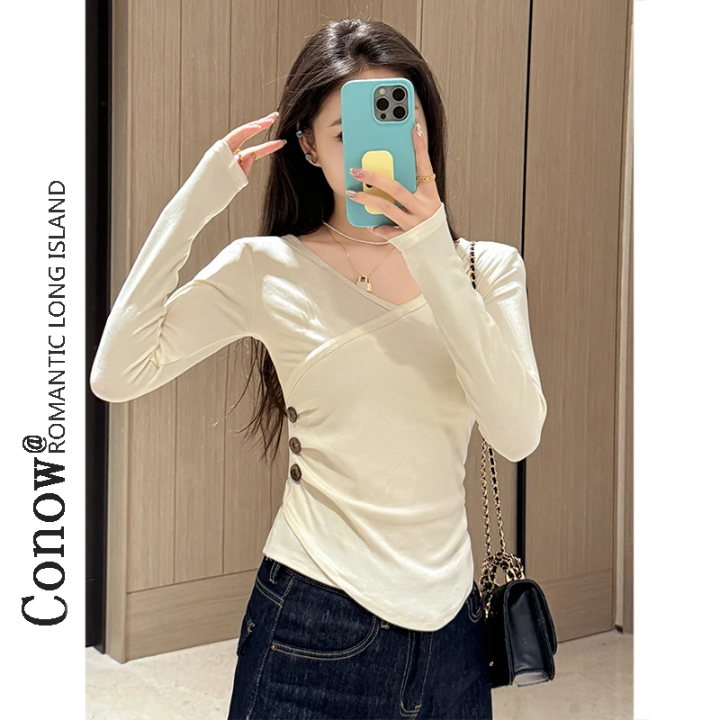 彩诺时尚设计感长袖T恤女秋新款纯色百搭修身掐腰显瘦纯欲打底衫