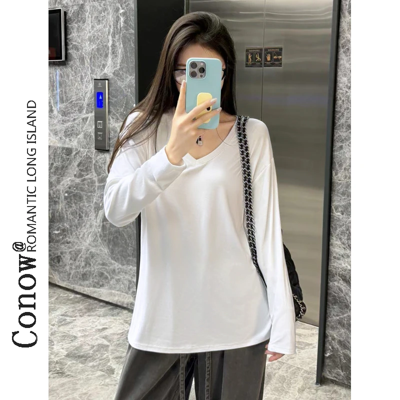 彩诺大版T恤女潮早秋新款深V领男友风宽松慵懒中长款长袖纯色上衣