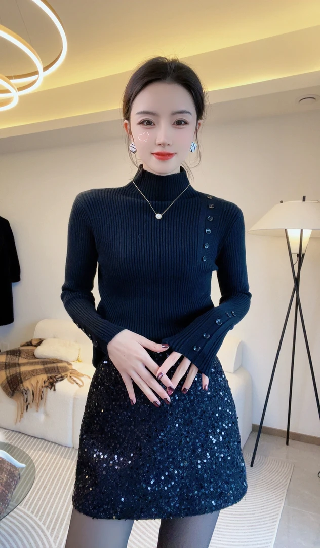 【小乔定制】秋冬时尚设计感百搭半高领长袖针织衫毛衣打底