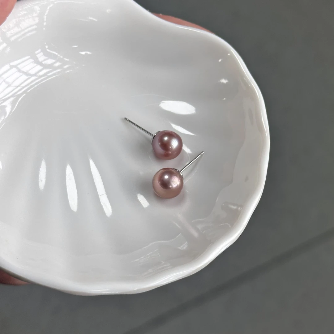 【CC】孤品9-10mm珠宝淡水紫色珍珠耳钉S925银针 多种紫色随机发货