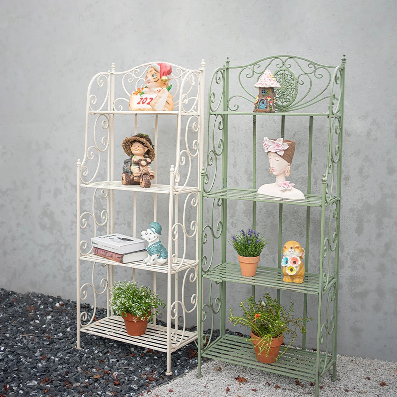 欧式铁艺做旧四层书架落地式多肉花架花园庭院别墅绿植收纳置物架