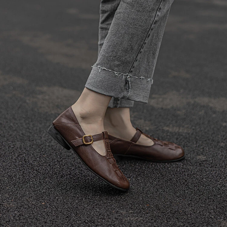 【BQ】水洗马皮T字带手工编织鞋芭蕾舞平底单鞋时尚百搭软底圆头