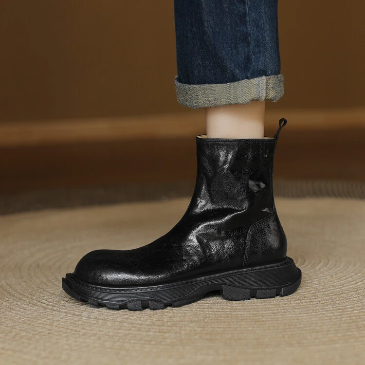 【BQ】羊皮秋冬季英伦风松糕底纯色切尔西靴短筒侧拉链简约百搭