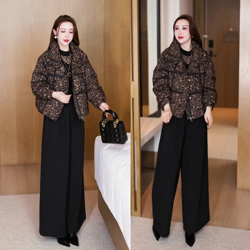 2024冬季新款豹纹棉衣面包服百搭时尚保暖抗寒立领短款棉服女2