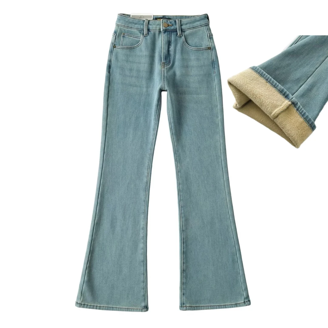 加绒加厚微辣复古牛仔喇叭裤女秋冬低腰高弹修身显瘦拖地微喇裤