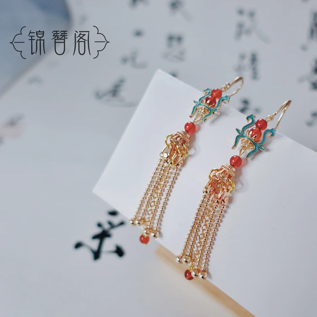 铜合金耳饰 锦簪阁烧蓝925耳饰纯铜流苏耳环百搭款古风国风原创