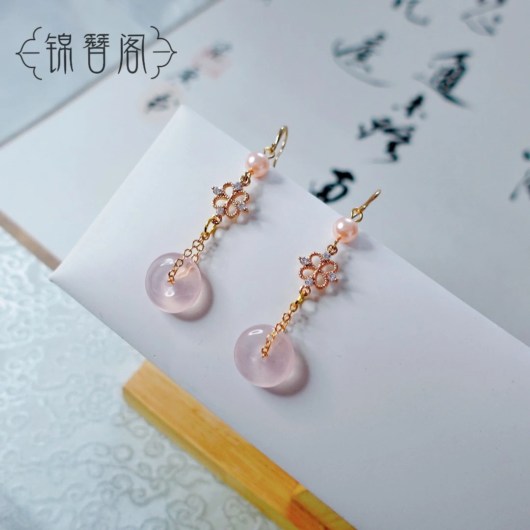 铜合金耳饰 锦簪阁耳饰925耳环古风原创天然粉百搭原创耳饰长款