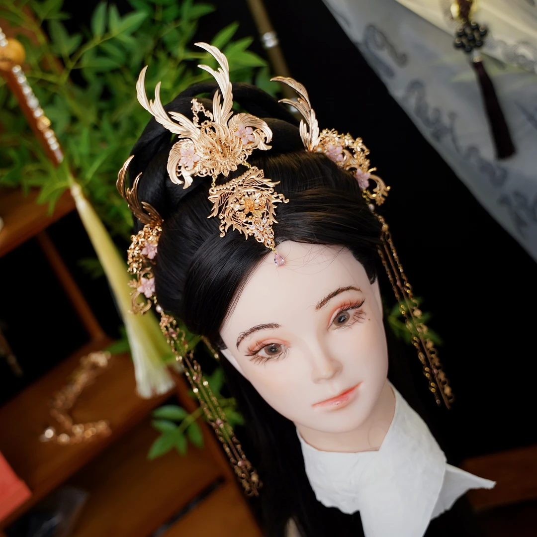 锦簪阁（凤隐）套系纯铜高保色发冠对钗后压流苏圣母冠古风发饰