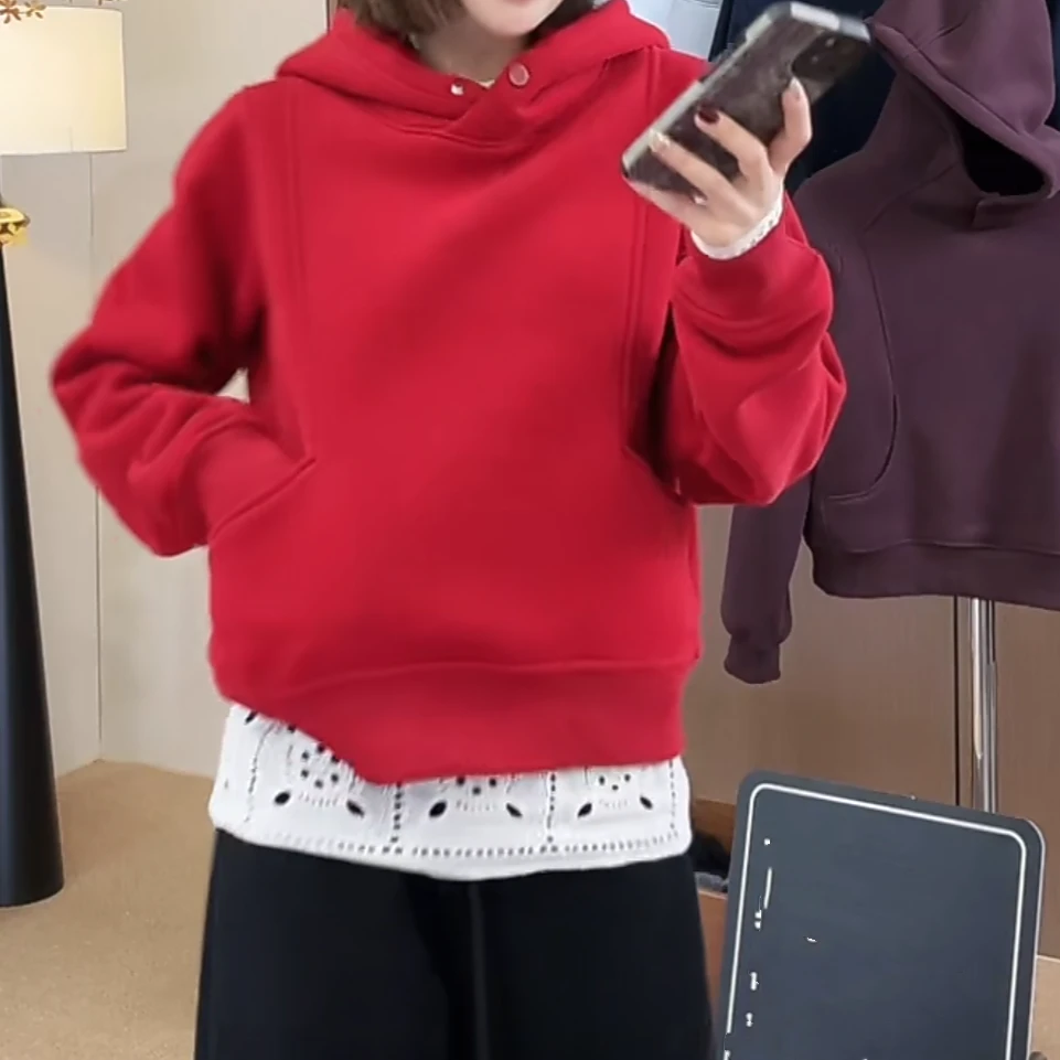 加绒卫衣女一粒扣2024新款冬季正肩隐形口袋时尚短款连帽上衣