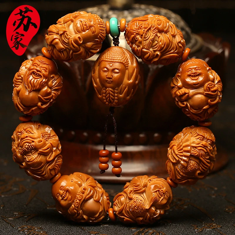 橄榄核手串群仙会财神钟馗精品核雕文玩手把件手工雕刻手链男女款