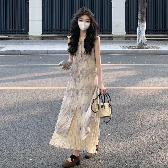 新显瘦国风连衣裙夏季复古气质背心裙小个子长款设计裙子度假长裙