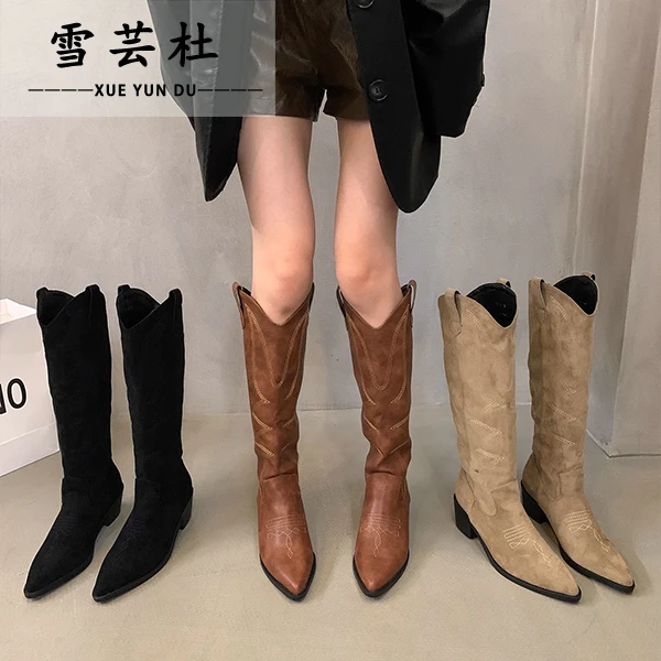 雪芸杜女鞋时尚西部牛仔靴复古长筒靴秋冬新款尖头高筒骑士马丁靴