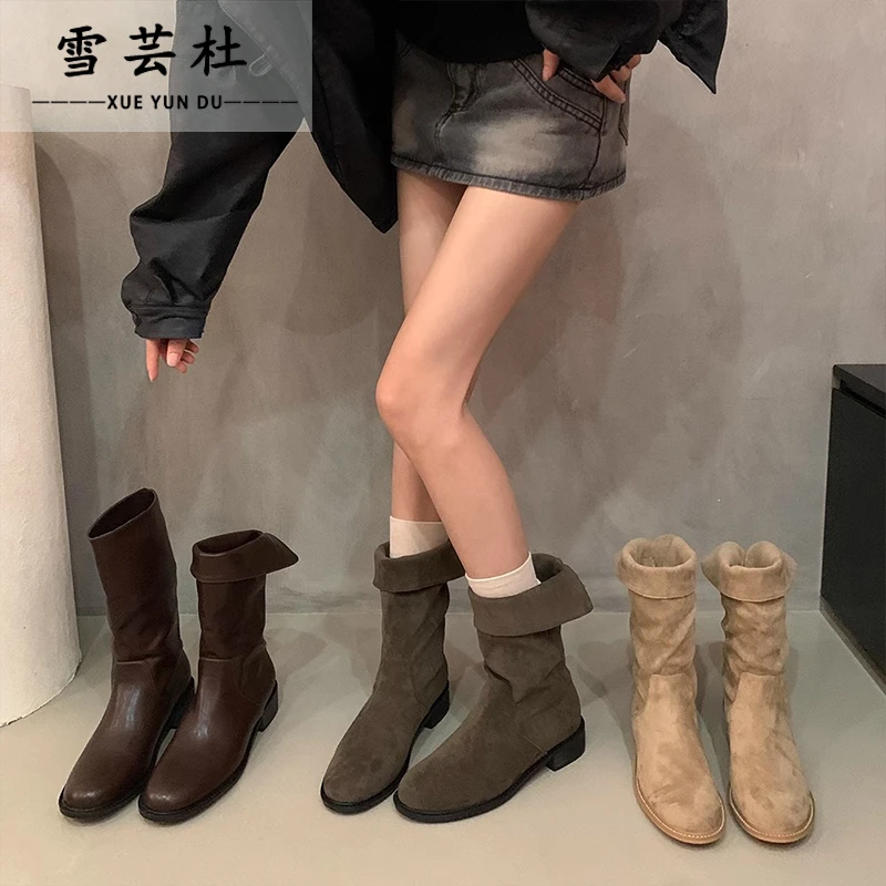 雪芸杜堆堆靴粗跟短筒女靴子2025早秋新款绒面卡其色短靴骑士靴女