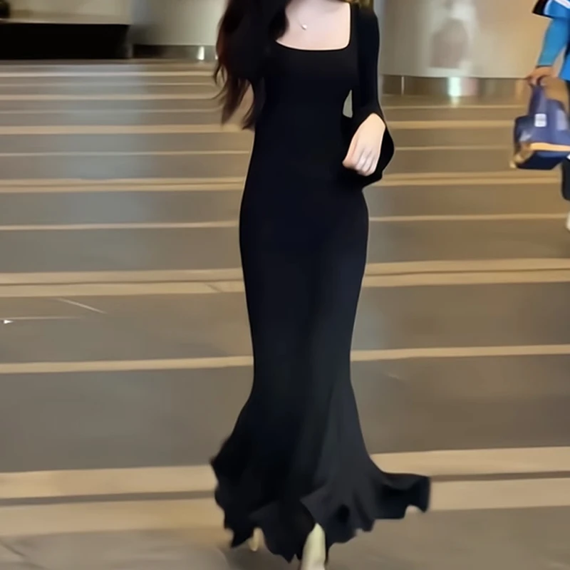 DLE949春秋新款气质显瘦黑色连衣裙女步步生莲鱼尾裙修身包臀法式