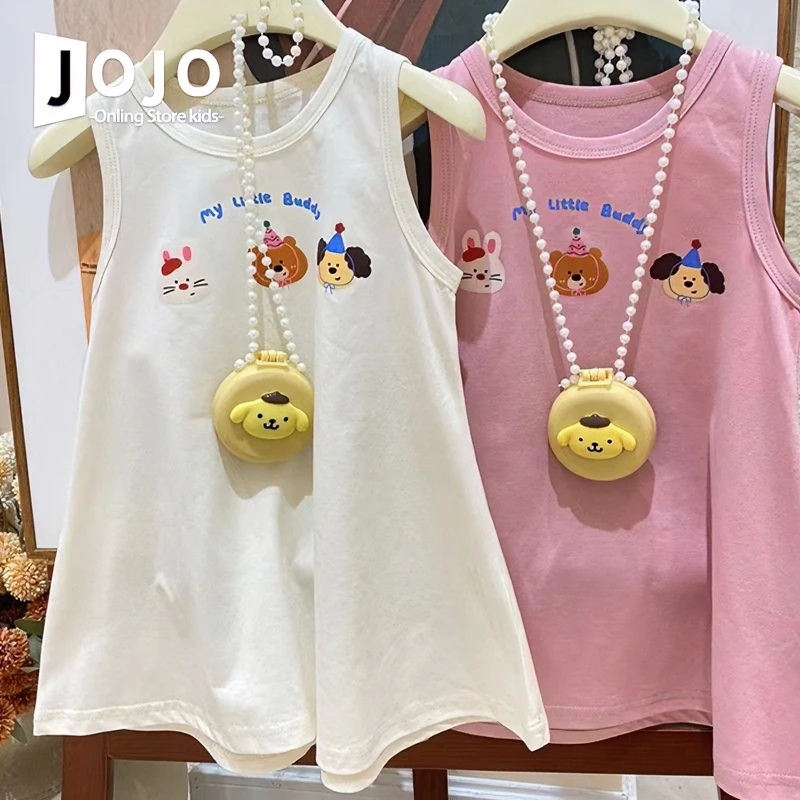 女童夏季新款洋气卡通印花无袖背心裙宽松甜美系中长款T恤裙子潮