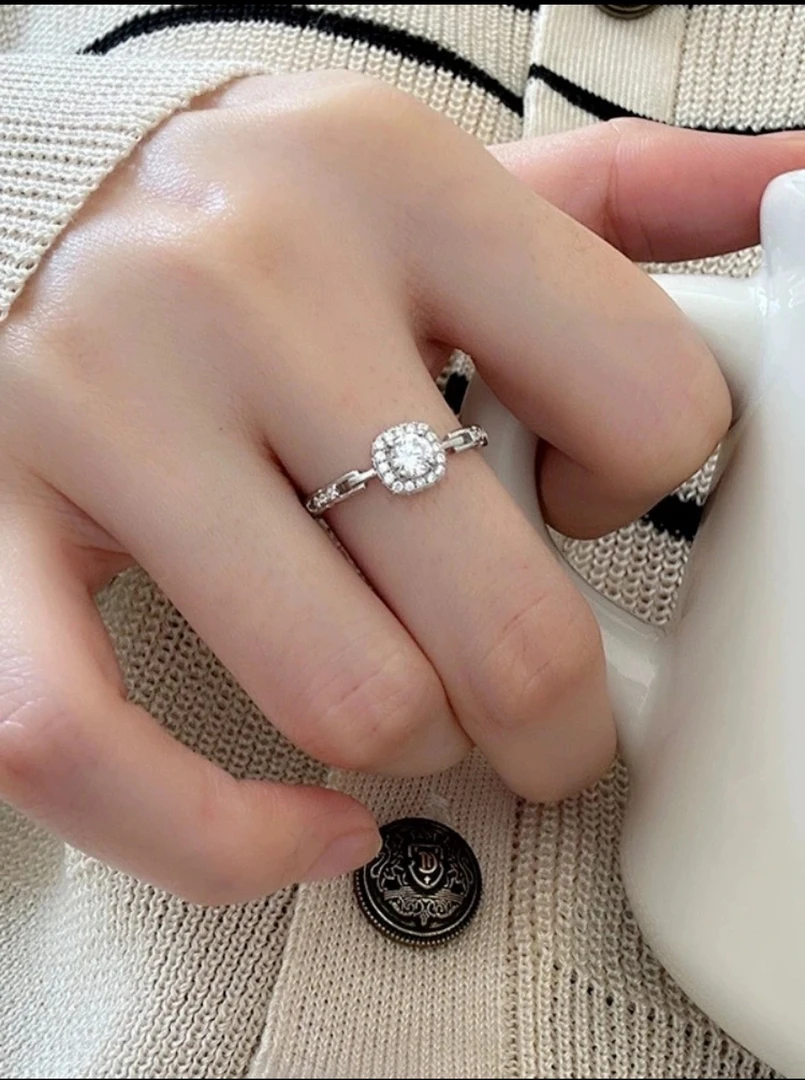 足银戒指 足银方钻方糖链条戒指气质简约时尚百搭镶钻订