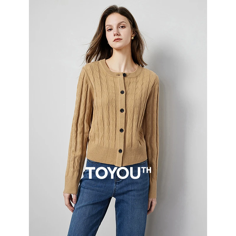 【初语服饰】初语圆领针织开衫复古绞花短款毛织薄外套8413030