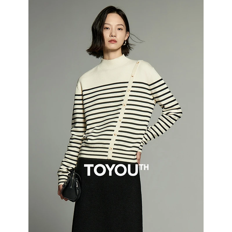 初语时尚撞色秋冬别致假门襟条纹毛衣女针织衫圆领套头款内搭上衣