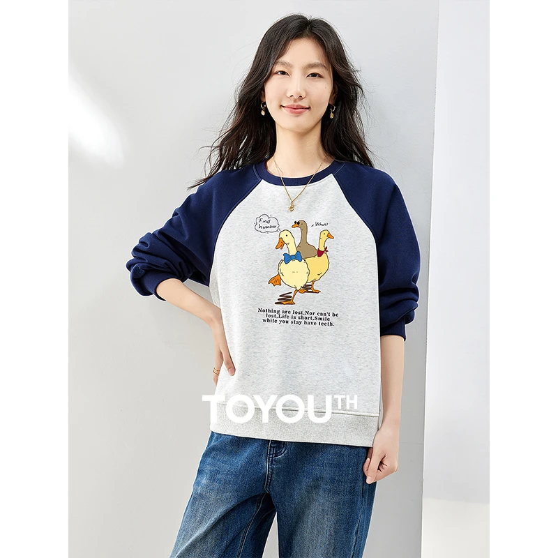 TOYOUTH初语卡通印花减龄卫衣女23年冬新圆领插肩袖上衣GW343009