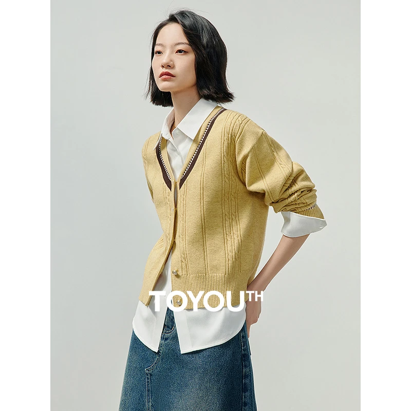 TOYOUTH初语知识分子风绞花针织衫女24年春新V领开衫外套8413001