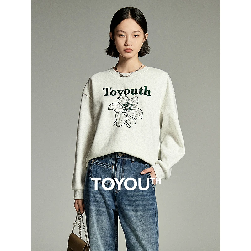 初语百搭短款时尚百合花重工刺绣加绒小众印花卫衣女圆领休闲上衣