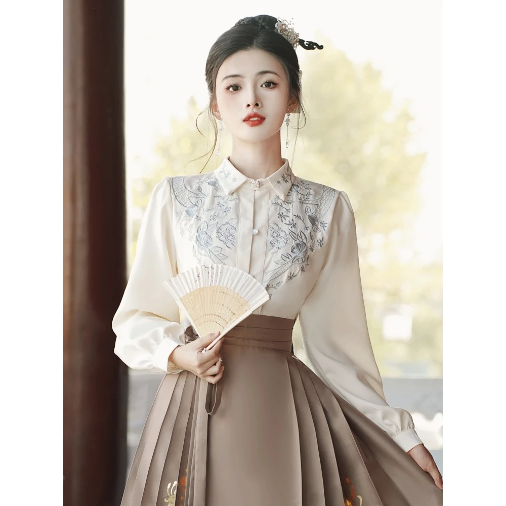 新中式衬衣搭配马面裙上衣国风日常汉元素汉服对襟刺绣翻领衬衫女