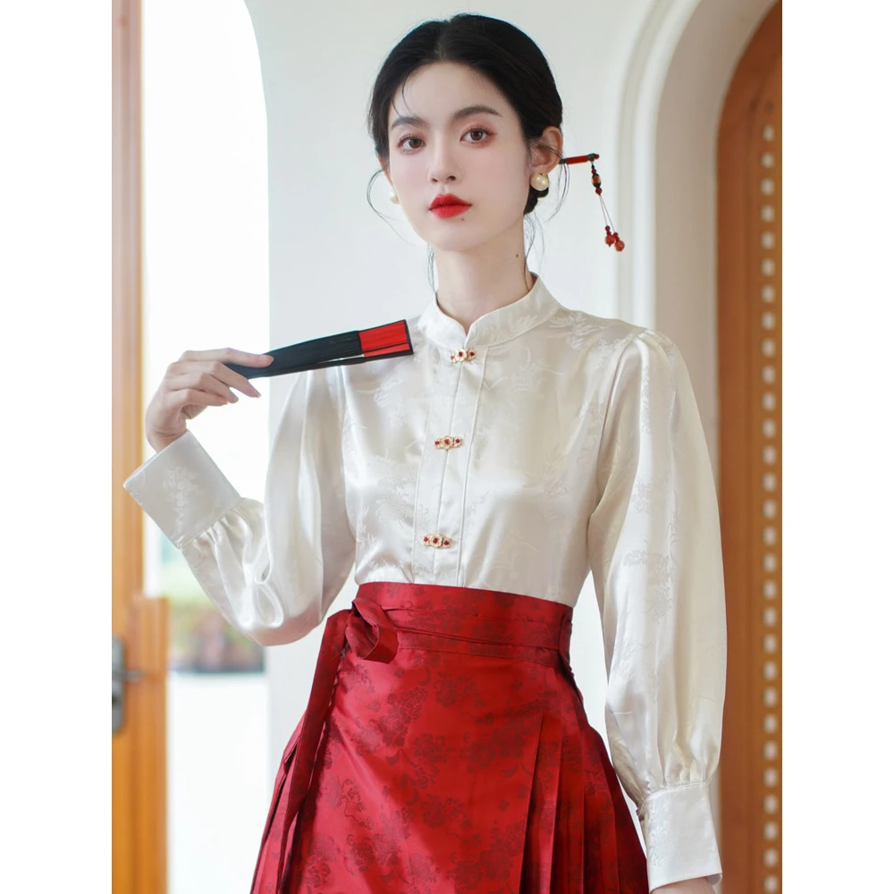 马面裙上衣搭配春装加绒新中式国风日常改良衬衣长袖对襟立领衬衫