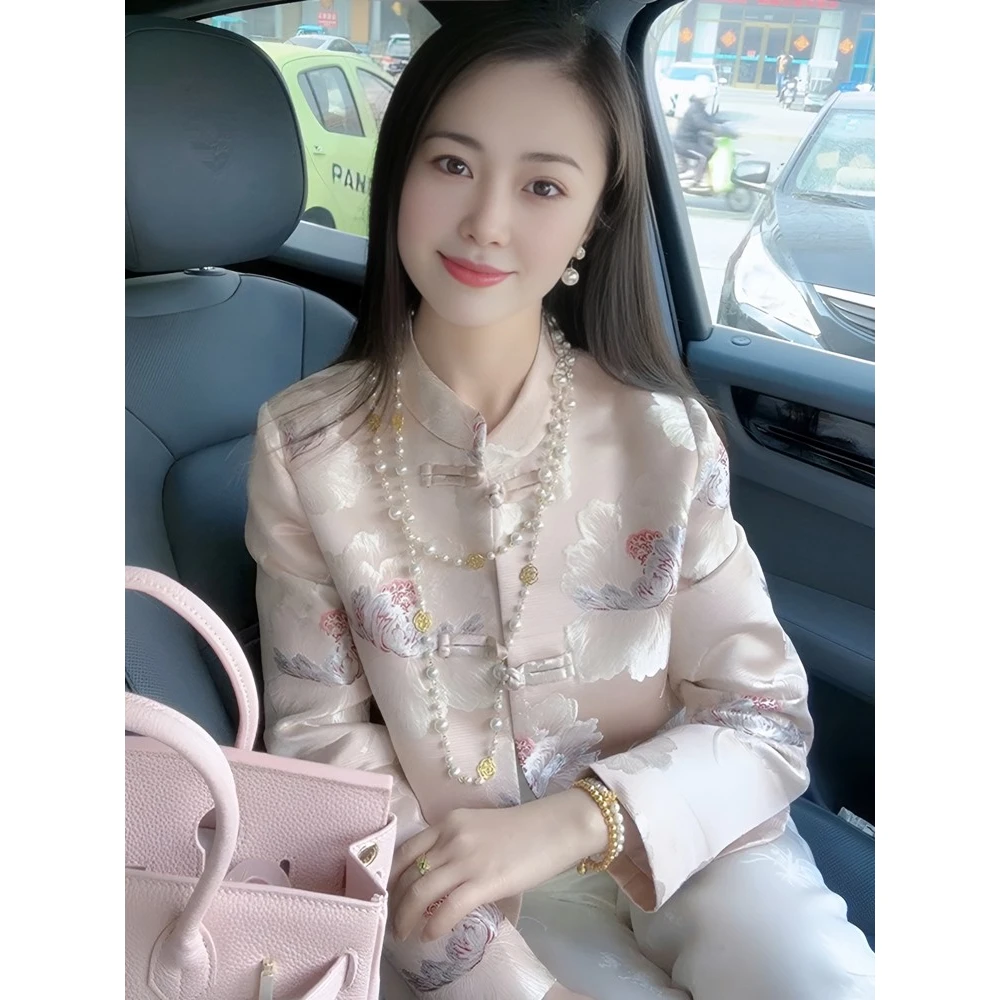 新中式女国风短外套女长袖24春装新款高级感改良盘扣提花刺绣上衣