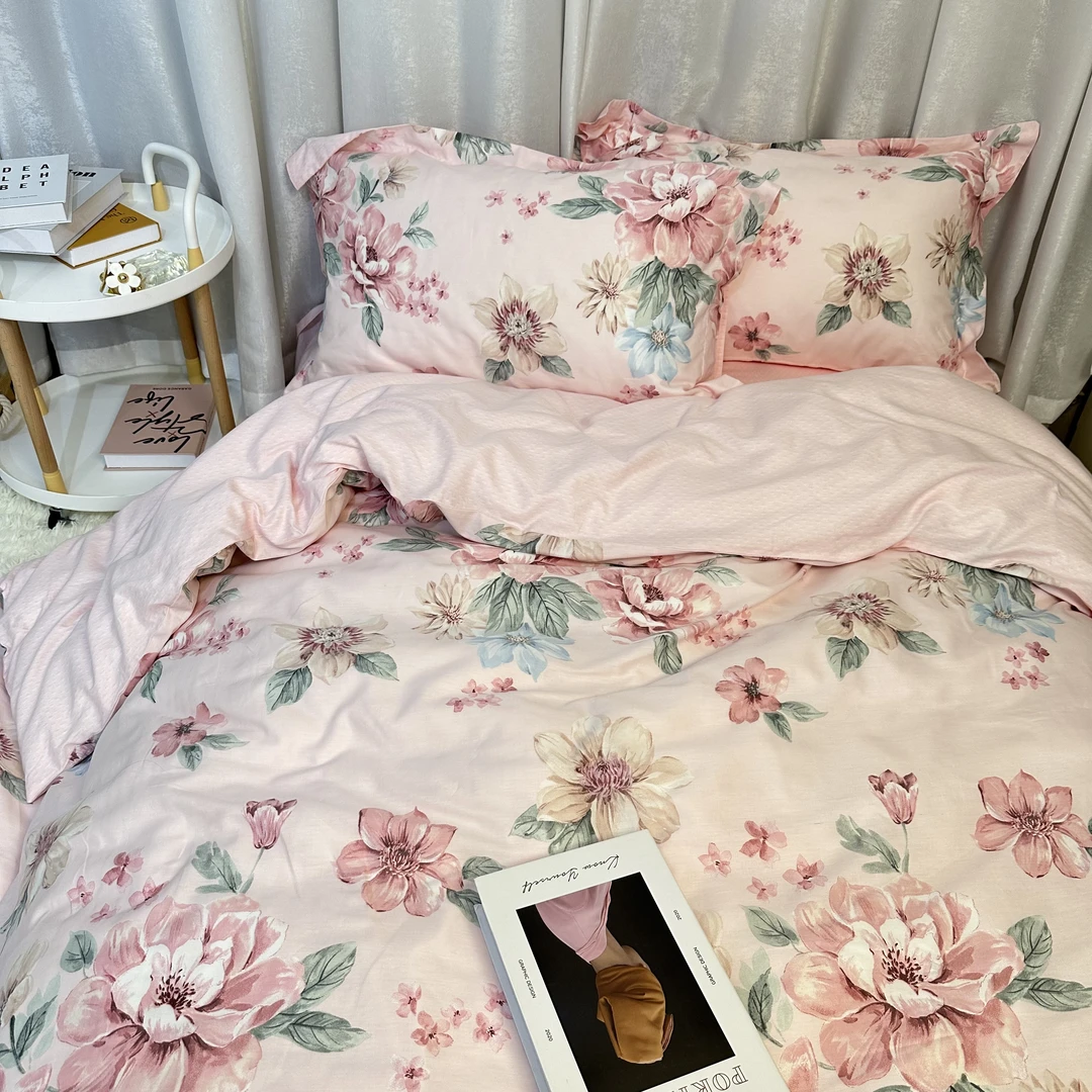 郦蒽娜斜纹活性印花高支高密碎花粉色小清新少女心四件套  妍熙