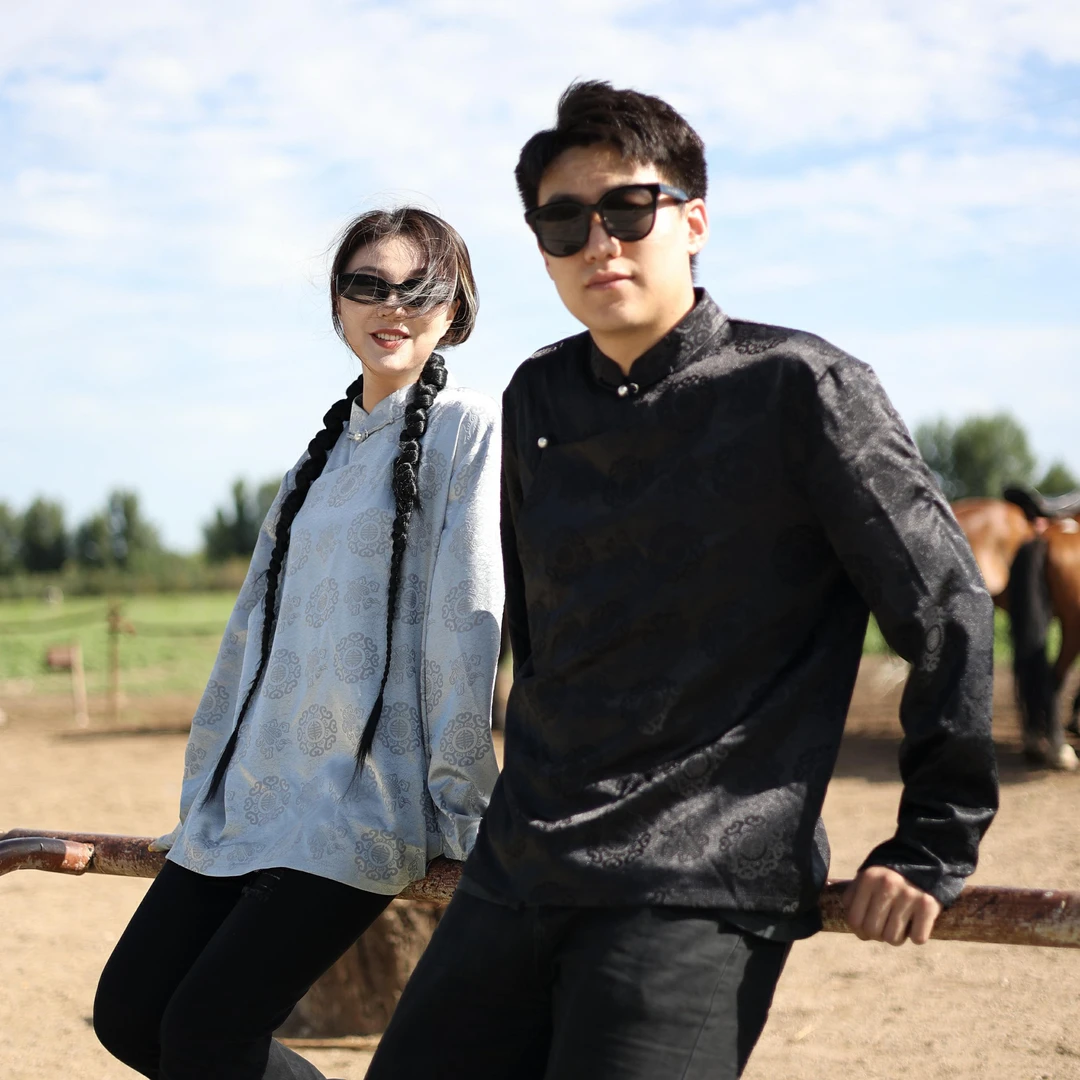 MX-30 轻民族风春秋情侣款时尚百搭修身偏襟团花长袖短袍休闲