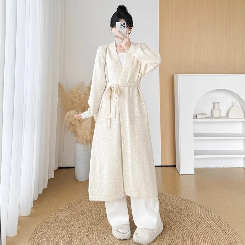 #8671长款针织开衫系带毛衣外套女秋冬新款宽松软糯过膝加厚外搭