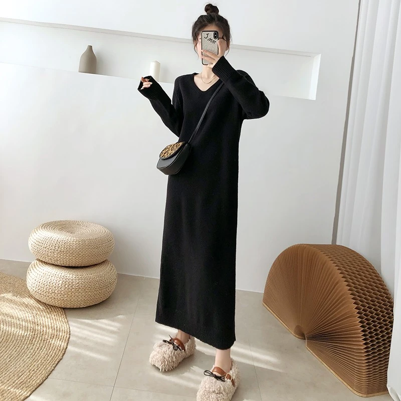 #8378超长款毛衣裙女秋冬新款过膝打底内搭宽松脚踝黑色针织长裙