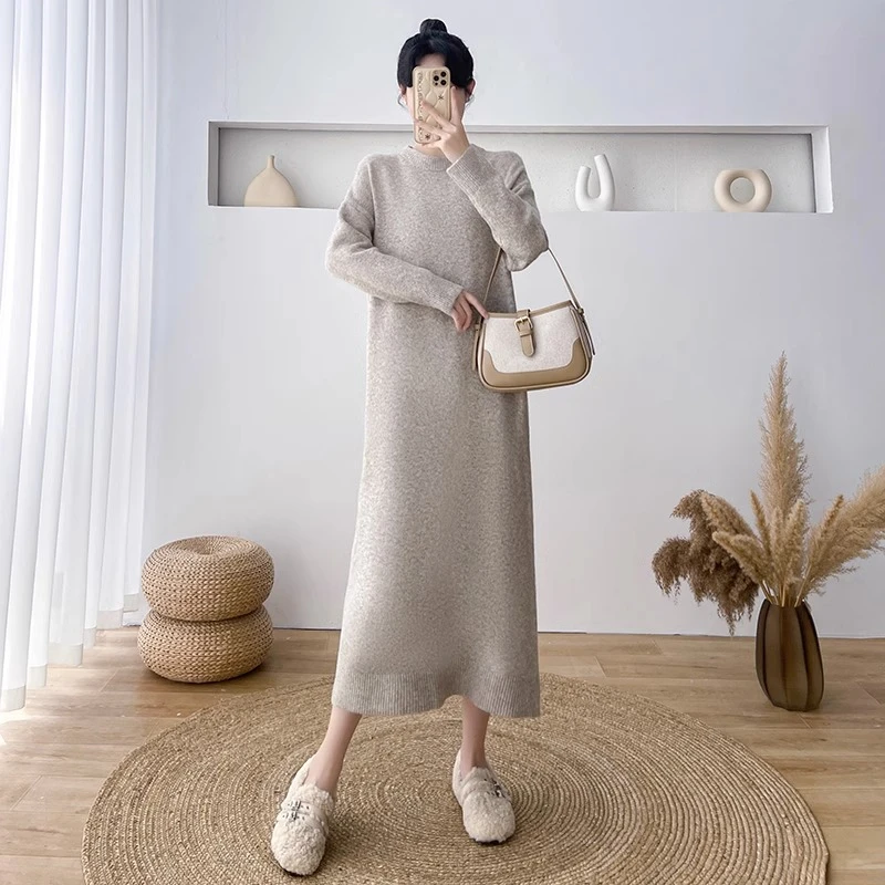 #8605长款毛衣裙过膝女秋冬新款宽松内搭打底针织连衣裙配大衣