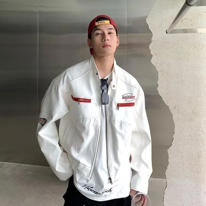 美式高街复古PU皮衣机车服男秋季设计感小众宽松潮牌痞帅夹克外套