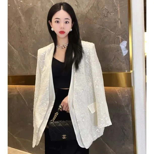 欧货重工亮片设计V领长袖外套女春季潮流个性百搭高级感气质上衣