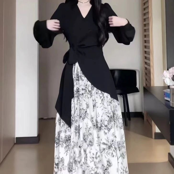 yuan＆yuan特大码定制~【黑白配】300斤女装胖mm显瘦遮肉秋连衣裙