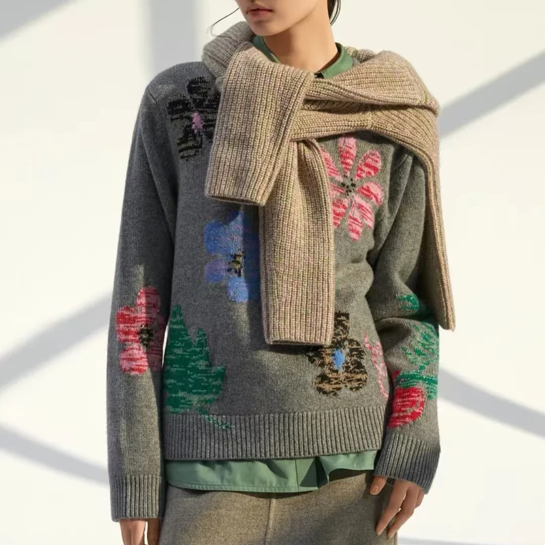 【多斯订单】24秋冬新品玛瑙灰花朵提花宽松毛衣套头毛衫