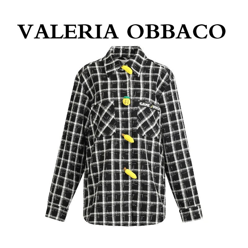 VALERIAOBBACO/瓦莱丽娅 奥贝科格纹水果扣刺绣衬衫男女同款