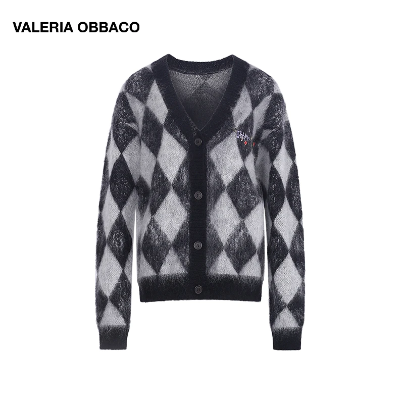 Valeria Obbaco 棋盘格破碎扑克黑桃款马海毛开衫男女同款