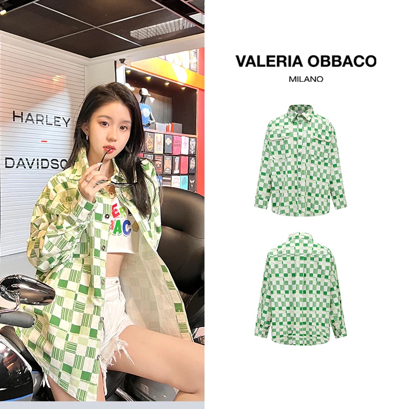 VALERIAOBBACO/瓦莱丽娅 奥贝科潮流设计洋气绿色夜光格纹衬衫