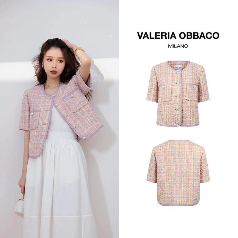 VALERIAOBBACO/瓦莱丽娅 奥贝科粉紫色小香风短袖外套