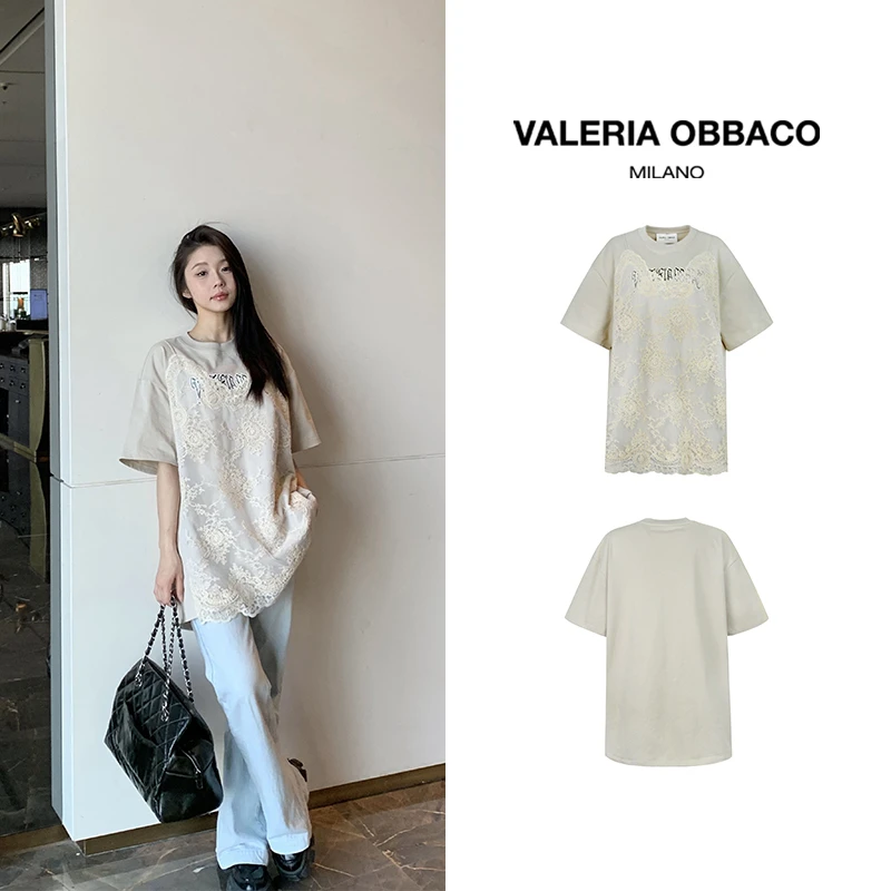 VALERIAOBBACO/瓦莱丽娅 奥贝科夏季休闲时尚短袖蕾丝印花连衣裙
