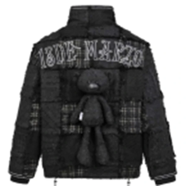 全新未使用  13DEMARZO立体小熊玩偶粗花呢拼接格子羽绒服 黑/白