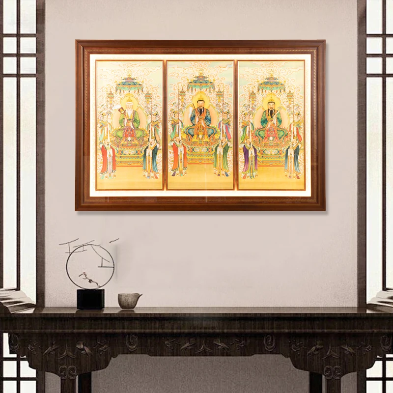 信义达三清图描金中式实木挂画配灯带悬挂家用装饰画客厅